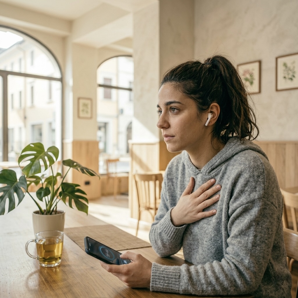 A person pausing to listen to a guided audio on a phone